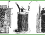 Prvé zdroje galvanického prúdu: Leclancheov článok, Bunsanov a Meidringov (zľava).