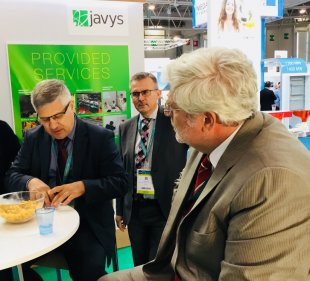 Slovak ambassador in France, Mr. Igor Slobodnk during his visit in stand of company JAVYS, a. s., at the WNE in Paris, with Mr. Anton Masr, Vice-Chairman of the Board of Directors, temporarily authorized to act as a CEO.