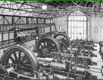 Pohľad do strojovne elektrárne na sklonku devätnásteho storočia.